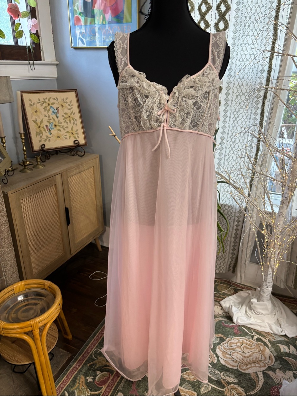 Vtg radcliffe womens M pink chiffon peignoir nightgown robe set lace long